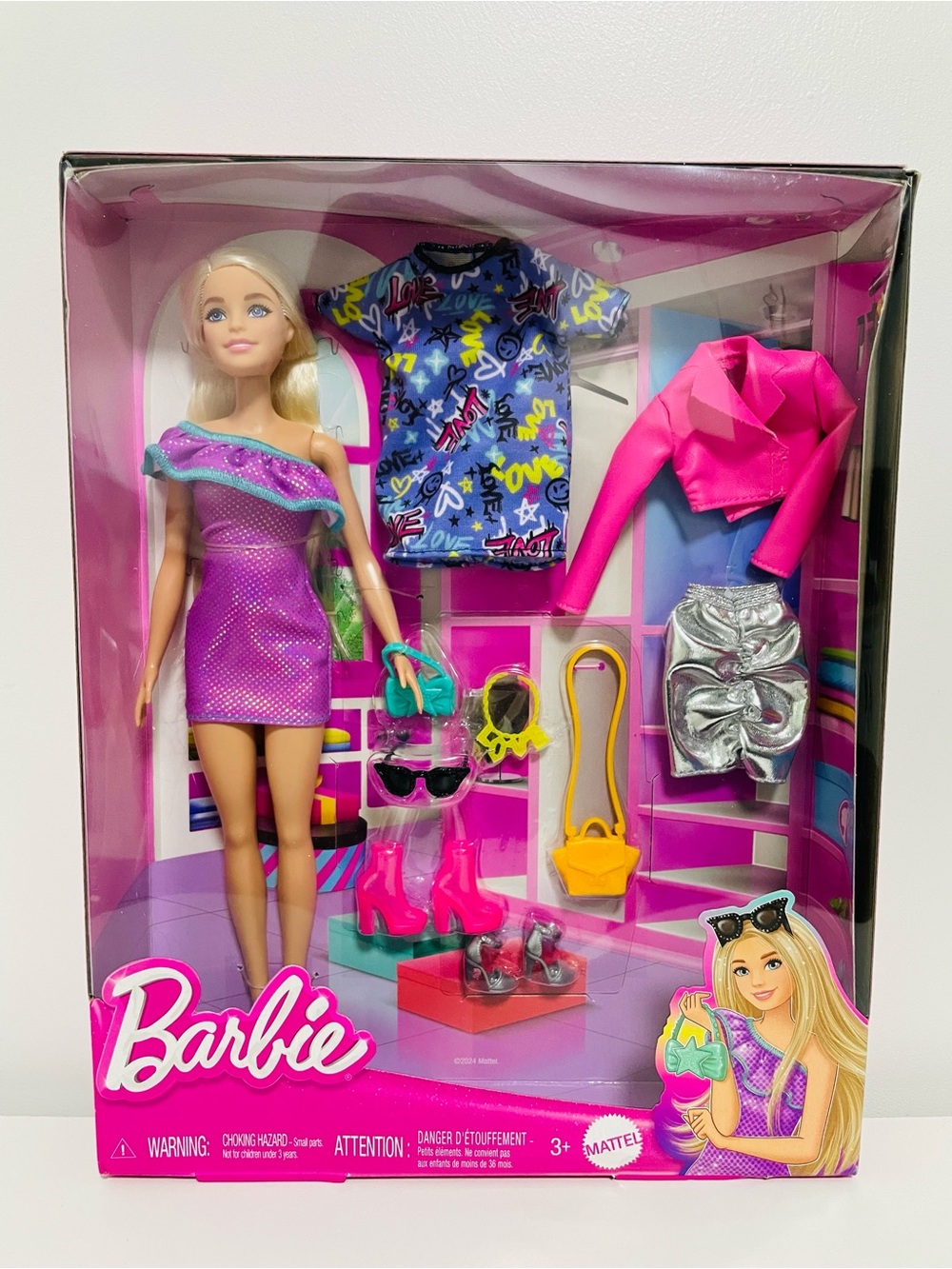 Barbie Doll with Purple Dress, Pink Jacket and Silver Skirt